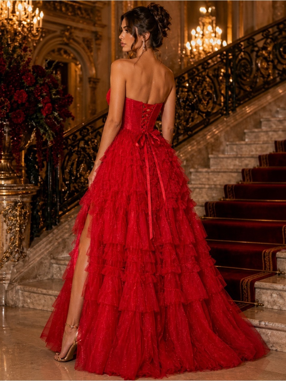 Red Strapless Corset Tulle Ruffle Formal Gown Size 2 NWT